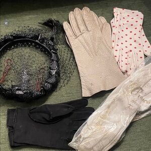 Vintage Gloves (4) Hat Clip fascinator Black cream white red polka dot ladies